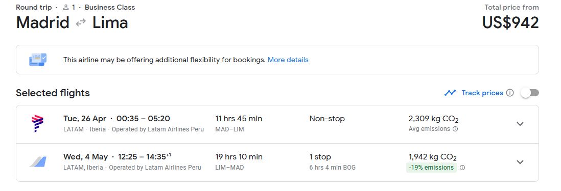 Business Class flights from Madrid, Spain to Lima, Peru for only €834 roundtrip with LATAM Airlines and Iberia. Flight deal ticket image.