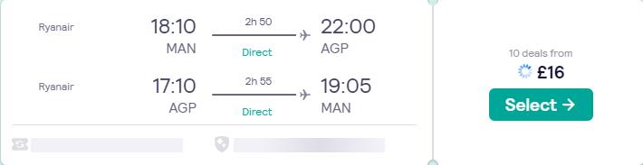 Non-stop, summer flights from Manchester, UK to Malaga, Spain for only £15 roundtrip. Flight deal ticket image.