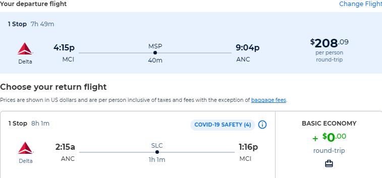 Cheap flights from Kansas City to Anchorage, Alaska for only $208 roundtrip with United Airlines. Also works in reverse. Flight deal ticket image.