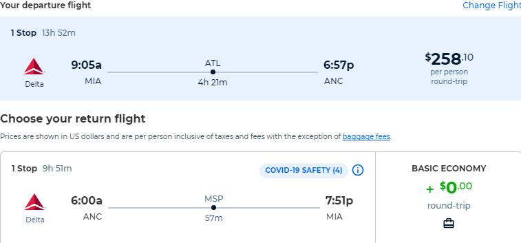 Cheap flights from Miami to Anchorage, Alaska for only $258 roundtrip with Delta Air Lines. Also works in reverse. Flight deal ticket image.