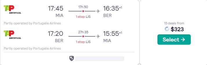 Cheap flights from Miami to German cities from only $323 roundtrip with TAP Air Portugal. Flight deal ticket image.