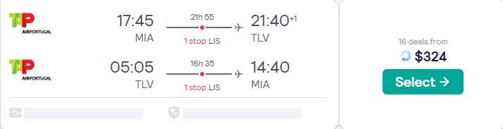 Cheap flights from US cities to Tel Aviv, Israel from only $324 roundtrip with TAP Air Portugal. Flight deal ticket image.