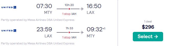 Cheap flights from Monterrey, Mexico to Los Angeles, USA for only $296 USD roundtrip with United Airlines. Flight deal ticket image.