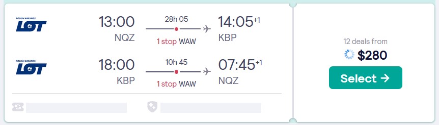 Cheap flights from Nur-Sultan, Kazakhstan to Kiev, Ukraine for only $280 USD roundtrip with LOT Polish Airlines. Flight deal ticket image.