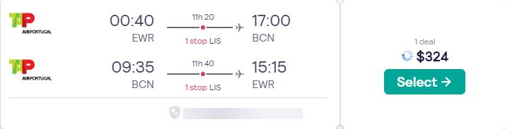 Cheap flights from New York to European cities from only $324 roundtrip with TAP Air Portugal. Flight deal ticket image.