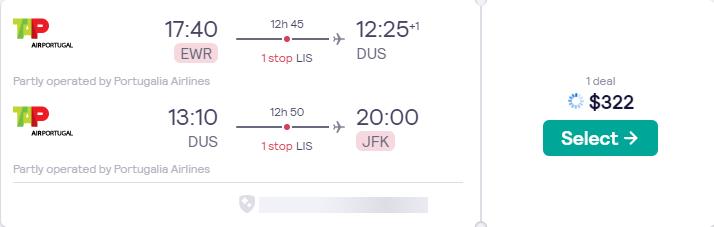 Cheap flights from New York to Dusseldorf, Germany for only $322 roundtrip with TAP Air Portugal. Flight deal ticket image.