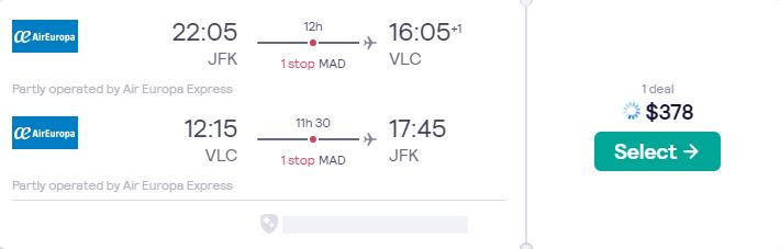 Click here to book this cheap flight deal. Summer flights from New York to Valencia or Malaga, Spain for only $378 roundtrip with Air Europa. Flight deal ticket image.