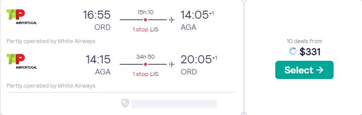 Cheap flights from Chicago or New York to Agadir, Morocco from only $331 roundtrip with TAP Air Portugal. Flight deal ticket image.