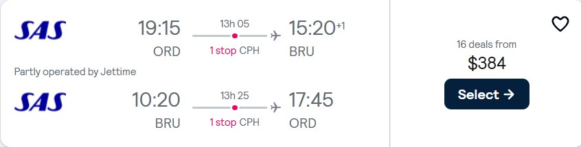 Cheap flights from Chicago to Brussels, Belgium for only $384 roundtrip with Scandinavian Airlines. Flight deal ticket image.