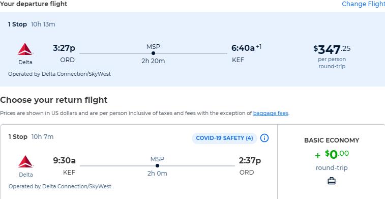 Summer flights from Chicago to Reykjavik, Iceland for only $347 roundtrip with Delta Air Lines. Flight deal ticket image.
