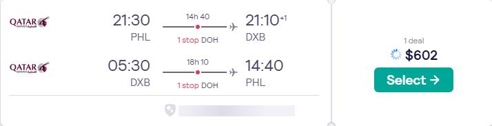 Click here to book this cheap flight deal. Cheap flights from Philadelphia to Dubai, UAE for only $602 roundtrip with Qatar Airways. Flight deal ticket image.