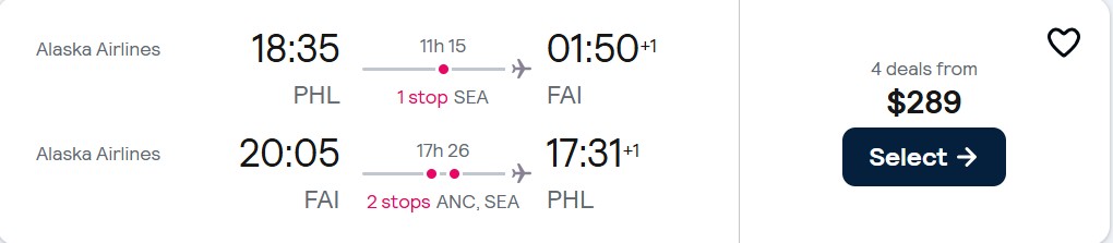 Cheap flights from Philadelphia to Fairbanks, Alaska for only $289 roundtrip with Alaska Airlines. Also works in reverse. Flight deal ticket image.