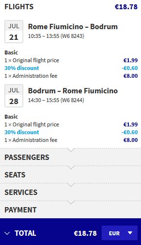 Non-stop from Rome, Italy to Bodrum, Turkey for only €18 roundtrip. Flight deal ticket image.