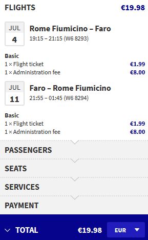 Non-stop from Rome, Italy to Faro, Portugal for only €19 roundtrip. Flight deal ticket image.