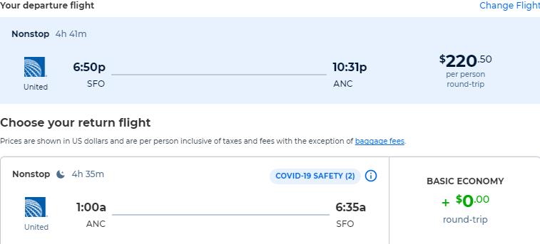 Non-stop, summer flights from San Francisco to Anchorage, Alaska for only $220 roundtrip with United Airlines. Also works in reverse. Flight deal ticket image.