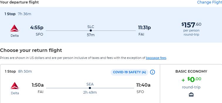 Summer flights from San Francisco to Fairbanks, Alaska for only $157 roundtrip with Delta Air Lines. Also works in reverse. Flight deal ticket image.