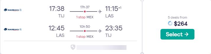 Summer flights from Tijuana, Mexico to Las Vegas, USA for only $264 USD roundtrip with Aeromexico. Flight deal ticket image.