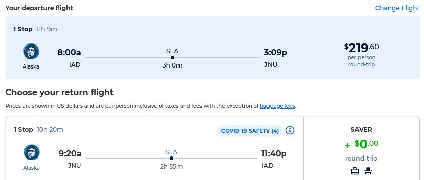 Cheap flights from Washington DC to Juneau, Alaska for only $219 roundtrip with Alaska Airlines. Also works in reverse. Flight deal ticket image.