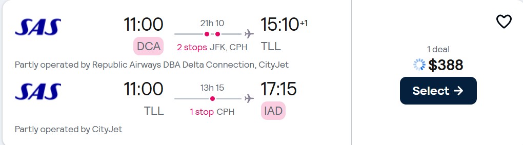 Click here to book this cheap flight deal. Cheap flights from Washington DC to Tallinn, Estonia for only $388 roundtrip with Scandinavian Airlines. Flight deal ticket image.