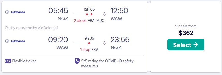 Cheap flights from Nur-Sultan, Kazakhstan to Warsaw, Poland for only $362 USD roundtrip with Lufthansa. Flight deal ticket image.