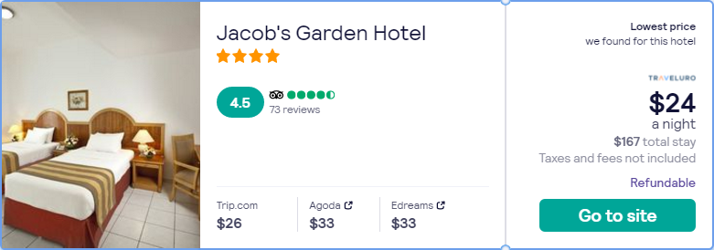 Click here to book this cheap flight deal. Stay at the 4* Jacob's Garden Hotel in Dubai, UAE for only $23 USD per night. Flight deal ticket image.