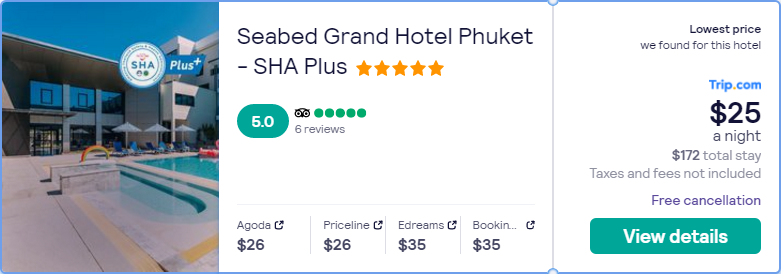 Stay at the 5* Seabed Grand Hotel Phuket - SHA Plus in Phuket, Thailand for only $25 USD per night. Flight deal ticket image.