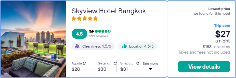 Stay at the 5* Skyview Hotel Bangkok in Bangkok, Thailand for only $26 USD per night. Flight deal ticket image.