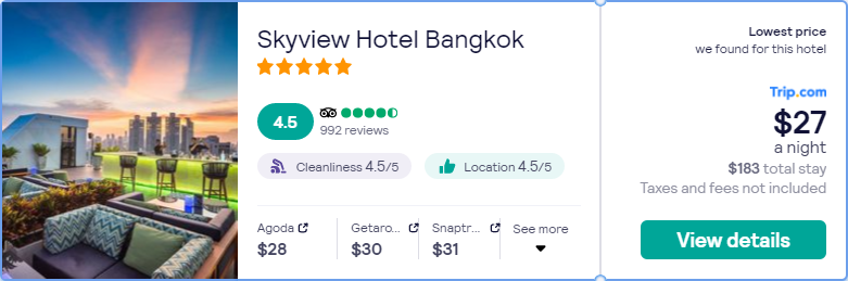 Click here to book this cheap flight deal. Stay at the 5* Skyview Hotel Bangkok in Bangkok, Thailand for only $26 USD per night. Flight deal ticket image.
