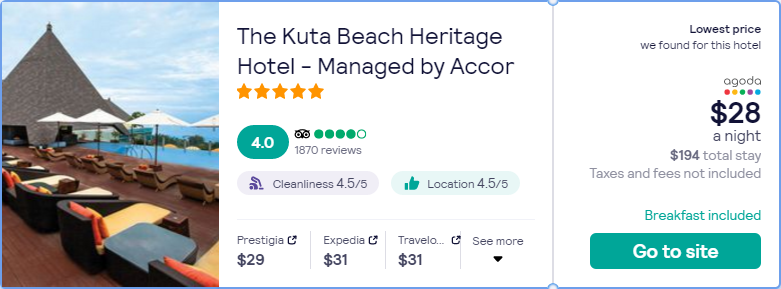 Stay at the 5* The Kuta Beach Heritage Hotel - Managed by Accor in Bali, Indonesia for only $28 USD per night. Flight deal ticket image.