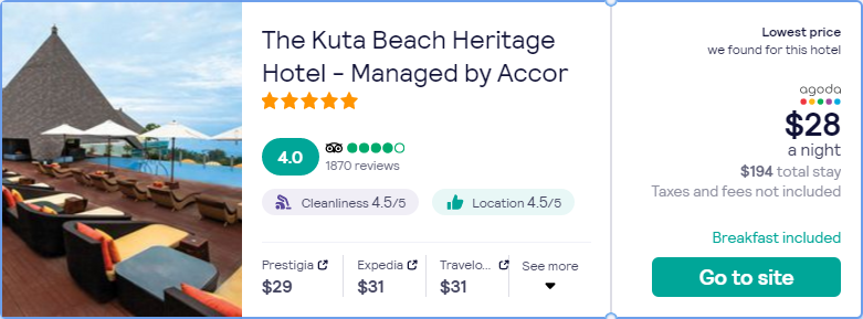 Click here to book this cheap flight deal. Stay at the 5* The Kuta Beach Heritage Hotel - Managed by Accor in Bali, Indonesia for only $28 USD per night. Flight deal ticket image.
