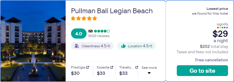Stay at the 5* Pullman Bali Legian Beach in Bali, Indonesia for only $29 USD per night. Flight deal ticket image.