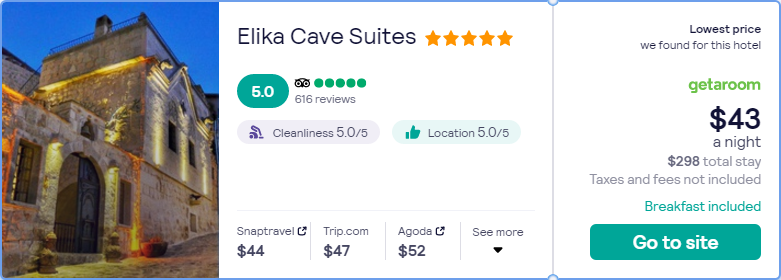 Stay at the 5* Elika Cave Suites in Nevsehir, Turkey for only $42 USD per night. Flight deal ticket image.
