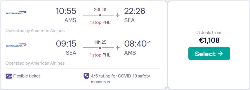 Business Class, summer and New Year flights from Amsterdam, Netherlands to Western USA from only €1108 roundtrip with American Airlines. Flight deal ticket image.