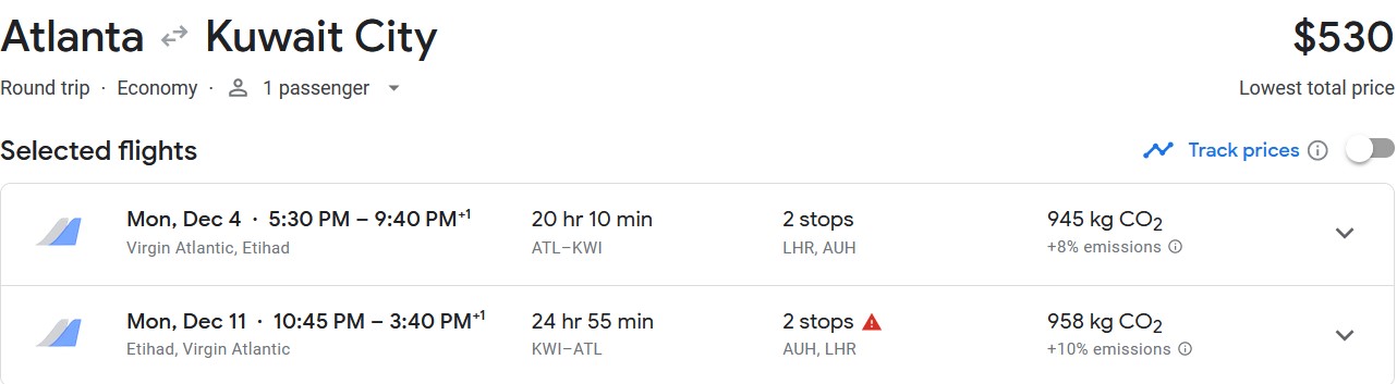 Click here to book this cheap flight deal. Cheap flights from Atlanta to Kuwait City, Kuwait for only $530 roundtrip with Virgin Atlantic and Etihad Airways. Flight deal ticket image.