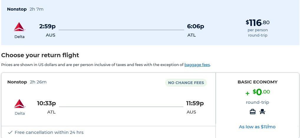 Non-stop flights from Austin, Texas to Atlanta for only $116 roundtrip with Delta Air Lines. Also works in reverse. Flight deal ticket image.