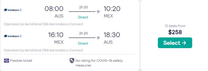 Non-stop flights from Austin, Texas to Mexico City, Mexico for only $258 roundtrip with Aeromexico. Flight deal ticket image.