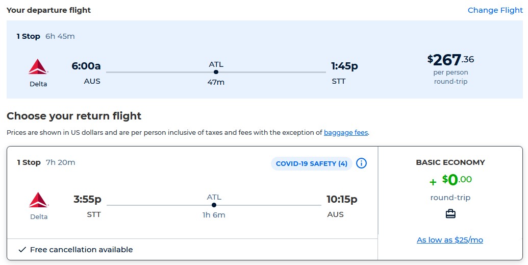 Summer flights from Austin, Texas to the US Virgin Islands for only $267 roundtrip with Delta Air Lines. Flight deal ticket image.