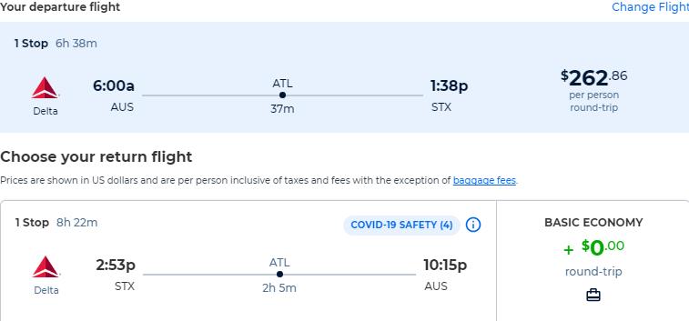  Summer flights from Austin, Texas to the US Virgin Islands for only $262 roundtrip with Delta Air Lines. Flight deal ticket image.