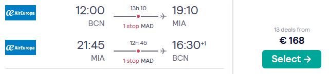Cheap flights from Barcelona, Spain to Miami, USA from only €168 roundtrip with Air Europa. Flight deal ticket image.