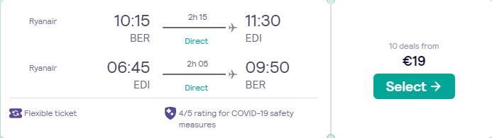 Non-stop, summer flights from Berlin, Germany to Edinburgh, Scotland for only €19 roundtrip. Flight deal ticket image.