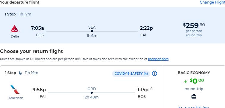 Cheap flights from Boston to Fairbanks, Alaska for only $259 roundtrip with Delta Air Lines and Americans Airlines. Flight deal ticket image.