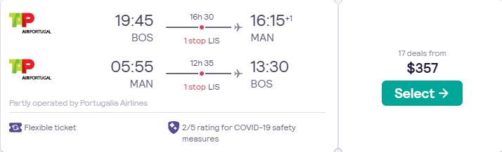 Cheap flights from Boston to Manchester, UK for only $357 roundtrip with TAP Air Portugal. Flight deal ticket image.