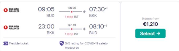 Business Class flights from Budapest, Hungary to Bangkok, Thailand for only €1210 roundtrip with Turkish Airlines. Flight deal ticket image.
