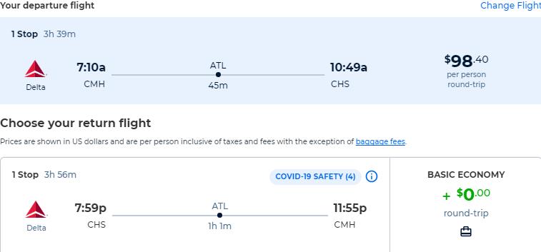 Summer flights from Columbus to Charleston, South Carolina for only $98 roundtrip with Delta Air Lines. Also works in reverse. Flight deal ticket image.