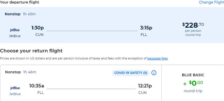 Non-stop flights from Cancun, Mexico to Fort Lauderdale, USA for only $228 USD roundtrip with JetBlue. Flight deal ticket image.