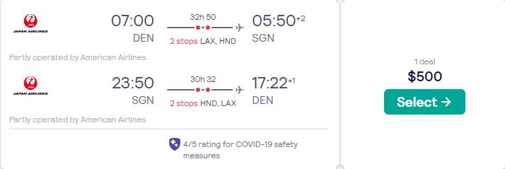 Cheap flights from Denver or New York to Ho Chi Minh City, Vietnam from only $500 roundtrip with American Airlines and Japan Airlines. Flight deal ticket image.