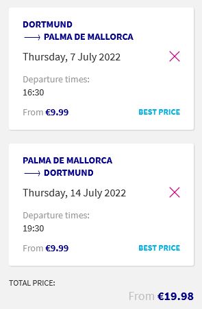 Non-stop flights from Dortmund, Germany to Palma de Mallorca, Spain for only €19 roundtrip. Flight deal ticket image.