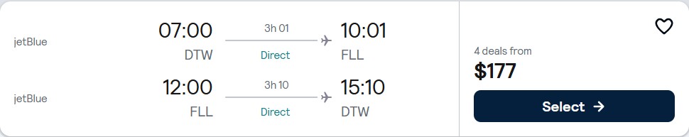 Non-stop flights from Detroit to Fort Lauderdale for only $177 roundtrip with JetBlue. Also works in reverse. Flight deal ticket image.