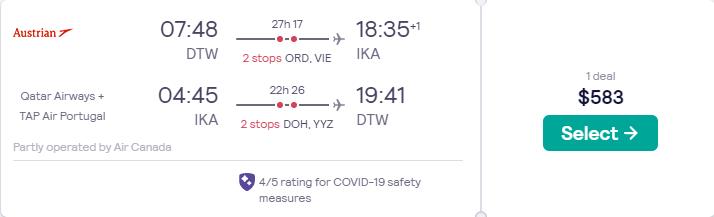 Cheap flights from Detroit to Tehran, Iran for only $583 roundtrip with Austrian Airlines, Qatar Airways, Air Canada and TAP Air Portugal. Flight deal ticket image.