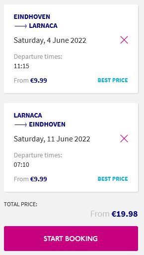 Non-stop flights from Eindhoven, Netherlands to Larnaca, Cyprus for only €19 roundtrip. Flight deal ticket image.